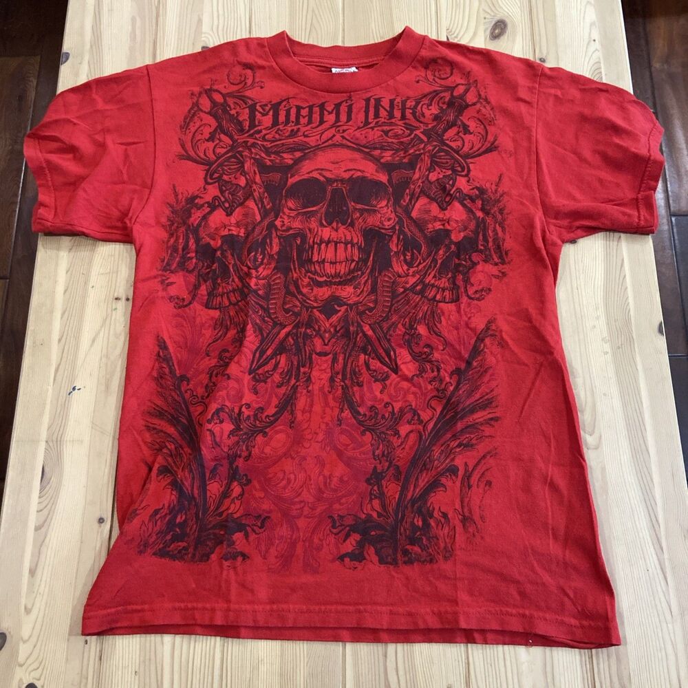 VTG Y2K Miami Ink Chest Tattoo Tee Mens M Red Shirt Skate 2008